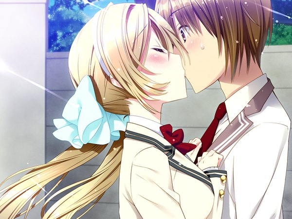 Anime picture 1024x768 with relations sister x sister yamashiro misa akagi kouhei (relations sister x sister) kamiya maneki long hair blush short hair blonde hair brown hair twintails game cg couple kiss girl boy serafuku