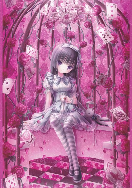 Anime picture 3484x4933 with original tinker bell single long hair tall image looking at viewer blush highres black hair sitting purple eyes holding absurdres short sleeves loli frilled dress checkered floor lolita fashion floor girl