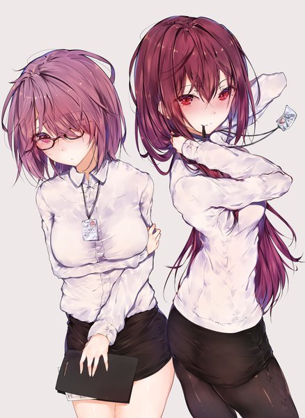 Anime picture 1294x1771 with fate (series) fate/grand order mash kyrielight scathach (fate) (all) scathach (fate) hplay (kyoshinou) long hair tall image blush fringe short hair light erotic simple background hair between eyes red eyes multiple girls holding pink hair red hair pink eyes