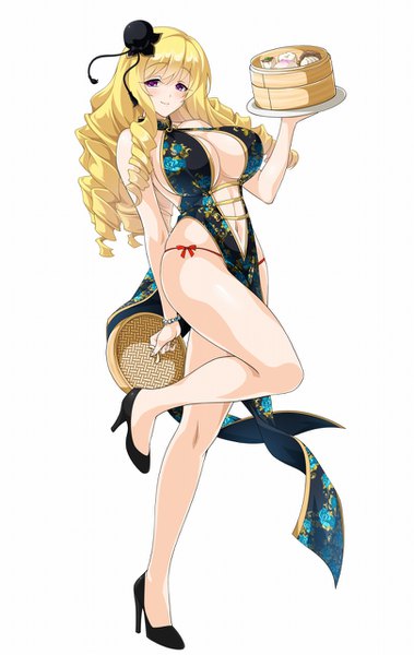 Anime picture 810x1280 with valkyrie drive arms corporation ariel foch cle masahiro single long hair tall image looking at viewer blush breasts light erotic simple background blonde hair large breasts white background purple eyes traditional clothes bare legs drill hair chinese clothes