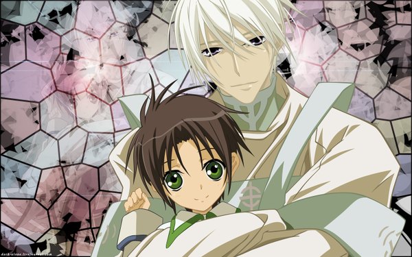 Anime picture 1440x900 with 07-ghost studio deen teito klein fea kroits headstro short hair smile brown hair wide image green eyes white hair hug boy