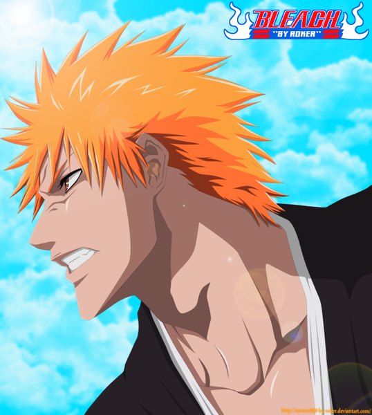 Anime picture 2381x2656 with bleach studio pierrot kurosaki ichigo naruto999-by-roker single tall image highres short hair sky cloud (clouds) traditional clothes japanese clothes profile sunlight orange hair inscription orange eyes grin coloring angry