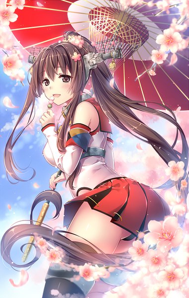 Anime picture 508x800 with kantai collection yamato super battleship riichu single tall image looking at viewer blush open mouth light erotic brown hair holding brown eyes sky cloud (clouds) ponytail very long hair :d pleated skirt hair flower blurry