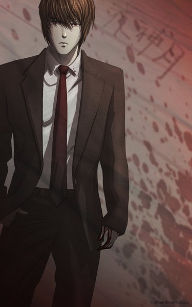Anime picture 900x1440 with death note madhouse yagami light juhani (artist) single tall image looking at viewer short hair simple background blonde hair red eyes standing long sleeves inscription shadow striped hand in pocket brown background boy shirt