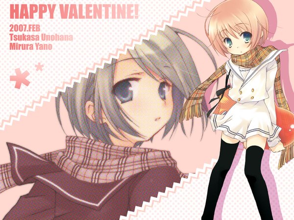 Anime picture 1600x1200 with original yano mirura unohana tsukasa looking at viewer blush short hair blonde hair standing multiple girls signed aqua eyes scan zettai ryouiki valentine double buttons collaboration scan artifacts screening girl thighhighs