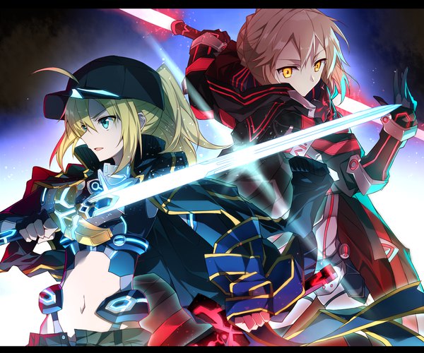 Anime picture 1296x1080 with fate (series) fate/grand order artoria pendragon (all) mysterious heroine x (alter) (fate) mysterious heroine x (fate) tsuedzu long hair fringe short hair open mouth light erotic blonde hair hair between eyes multiple girls yellow eyes looking away upper body ahoge ponytail parted lips