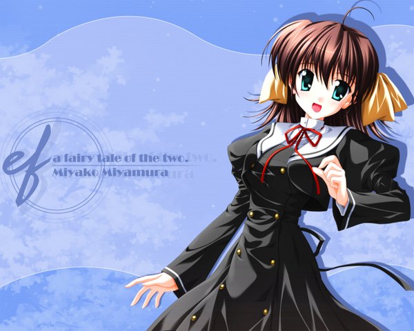 Anime picture 1280x1024 with ef shaft (studio) miyamura miyako nanao naru single looking at viewer fringe short hair open mouth hair between eyes brown hair standing long sleeves :d aqua eyes wallpaper copyright name character names third-party edit double buttons