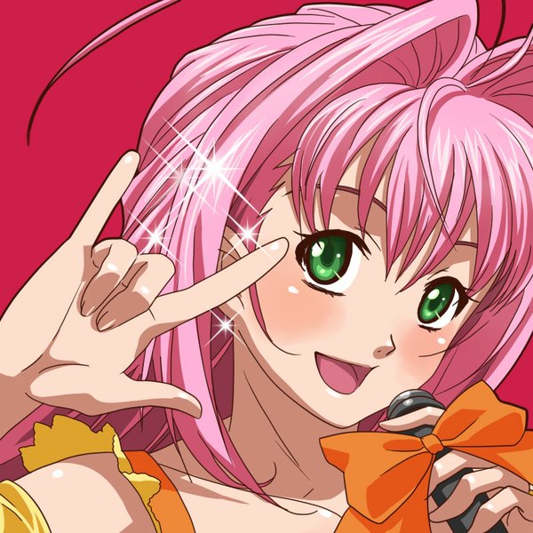 Anime picture 800x800 with macross macross 7 mylene jenius kutsuno single long hair looking at viewer blush open mouth simple background smile green eyes pink hair portrait pink background singing girl bow ring microphone