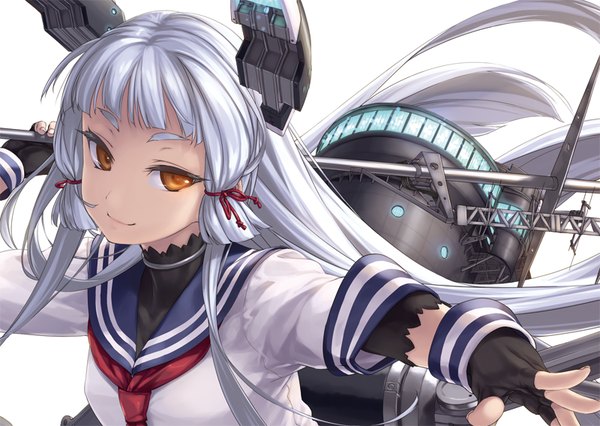 Anime picture 800x568 with kantai collection murakumo destroyer rokuwata tomoe single long hair fringe simple background white background looking away silver hair upper body blunt bangs light smile orange eyes outstretched arm eyebrows tress ribbon girl gloves uniform