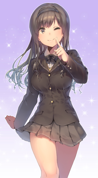 Anime picture 2062x3712 with amagami morishima haruka dsmile single long hair tall image looking at viewer blush highres brown hair brown eyes pleated skirt one eye closed wink sparkle girl skirt uniform school uniform miniskirt