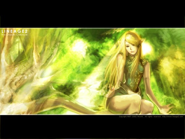 Anime picture 1024x768 with lineage (game) single long hair looking at viewer blonde hair pointy ears realistic sleeveless elf girl plant (plants) tree (trees)
