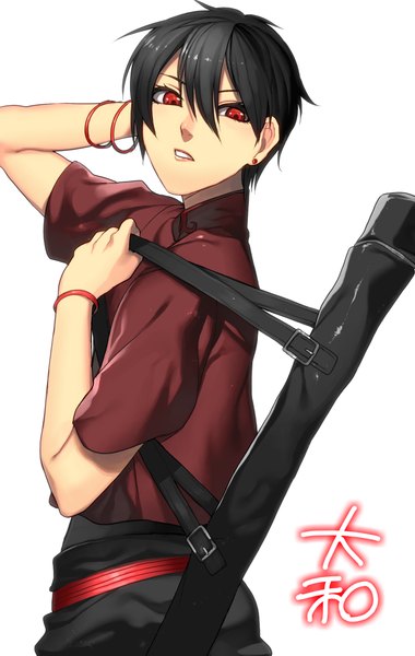 Anime picture 794x1251 with original wadani hitonori single tall image fringe short hair black hair simple background hair between eyes red eyes white background upper body traditional clothes parted lips looking back piercing ear piercing chinese clothes arm behind head boy