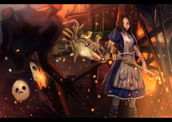 Anime picture 1200x848 with american mcgee's alice (game) alice: madness returns alice (american mcgee's) dxlsmax (lizhimin) long hair fringe black hair green eyes hair over one eye girl dress blood fire skull monster