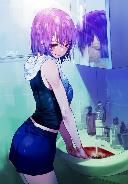 Anime picture 700x1000 with original sorolp single tall image looking at viewer fringe short hair smile hair between eyes red eyes standing signed purple hair reflection crazy smile towel around neck girl water shorts blood