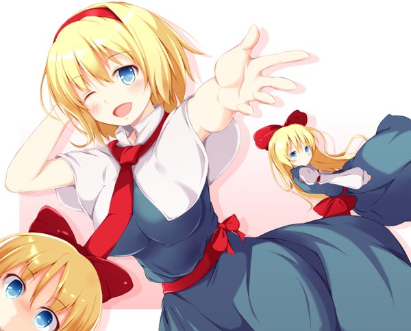 Anime picture 1250x1010 with touhou alice margatroid short hair open mouth blue eyes blonde hair one eye closed wink outstretched arm girl bow hair bow hairband doll (dolls)