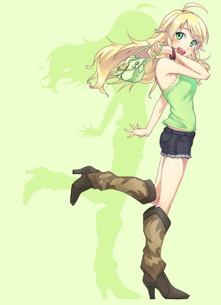 Anime picture 636x877 with idolmaster hoshii miki maru (sara duke) single long hair tall image looking at viewer blush fringe open mouth simple background blonde hair smile standing holding green eyes full body ahoge bent knee (knees) :d