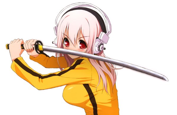 Anime picture 3070x2000 with kill bill nitroplus super sonico tsuji santa single long hair blush highres breasts simple background red eyes large breasts white background pink hair cosplay girl weapon sword headphones katana