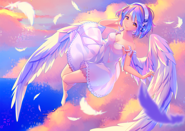 Anime picture 1063x752 with original hyanna-natsu single looking at viewer fringe short hair breasts smile bare shoulders brown eyes blue hair cleavage cloud (clouds) full body ahoge bent knee (knees) barefoot from above bare legs outstretched arm