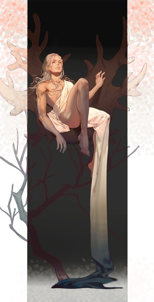 Anime picture 800x1563 with original naked cat single long hair tall image blue eyes light erotic blonde hair nipples horn (horns) bare legs reclining muscle leg lift (legs lift) boy plant (plants) petals tree (trees)