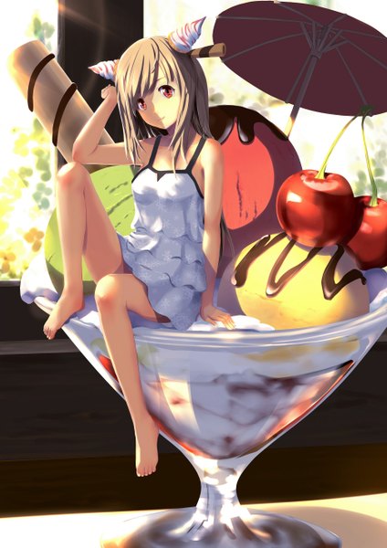 Anime picture 1860x2630 with original ashzone single long hair tall image looking at viewer fringe highres red eyes brown hair sitting bare shoulders bent knee (knees) barefoot sunlight bare legs no shoes sunbeam girl dress