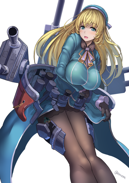 Anime picture 868x1228 with kantai collection atago heavy cruiser koruse single long hair tall image looking at viewer blush breasts open mouth blue eyes light erotic simple background blonde hair large breasts white background signed girl gloves uniform