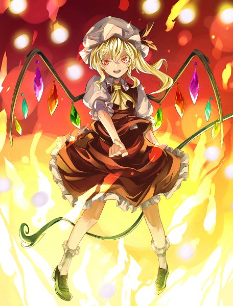 Anime picture 912x1200 with touhou flandre scarlet eredhen single long hair tall image looking at viewer short hair open mouth blonde hair red eyes outstretched arm side ponytail pointing girl skirt weapon wings socks white socks