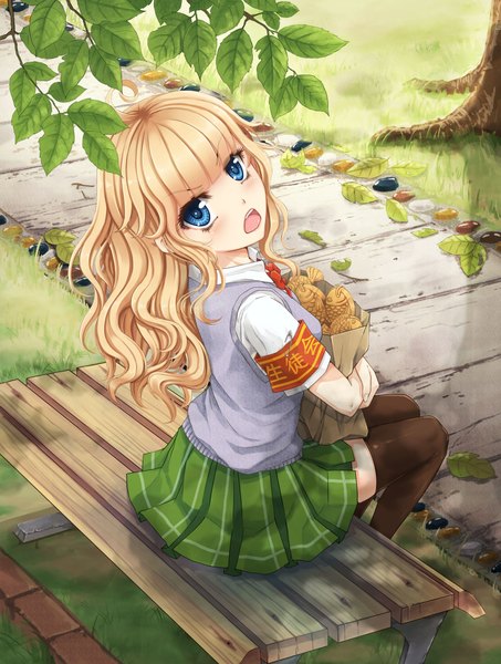 Anime picture 1595x2110 with original wait (artist) single long hair tall image blush open mouth blue eyes blonde hair sitting girl thighhighs skirt uniform black thighhighs school uniform leaf (leaves) bench