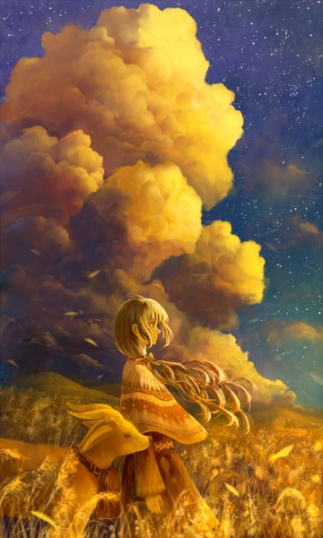 Anime picture 750x1250 with original bounin single long hair tall image looking away sky silver hair cloud (clouds) ponytail profile horn (horns) black eyes evening sunset girl dress hair ornament bow hair bow