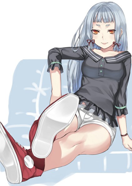 Anime picture 707x1000 with kantai collection murakumo destroyer deras single long hair tall image looking at viewer breasts smile sitting light smile lips grey hair arm support orange eyes alternate costume legs crossed legs soles eyebrows