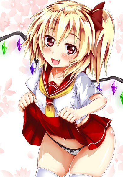 Anime picture 696x1000 with touhou flandre scarlet ebi 193 single tall image short hair open mouth light erotic blonde hair smile red eyes teeth fang (fangs) one side up skirt lift girl thighhighs skirt underwear panties