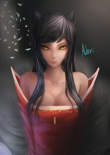 Anime picture 1240x1754 with league of legends ahri (league of legends) night_mei single long hair tall image looking at viewer breasts black hair bare shoulders animal ears yellow eyes traditional clothes fox ears facial mark fox girl chinese clothes whisker markings girl chinese dress