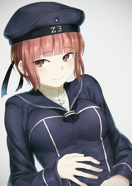 Anime picture 708x1000 with kantai collection z3 destroyer (max schultz) pennel single tall image blush short hair simple background brown hair brown eyes looking away grey background girl beret sailor suit
