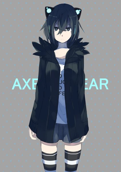 Anime picture 2480x3507 with original axent wear headphones tarbo (exxxpiation) single tall image looking at viewer highres short hair black hair standing animal ears black eyes cat ears inscription open clothes open jacket polka dot girl jacket headphones