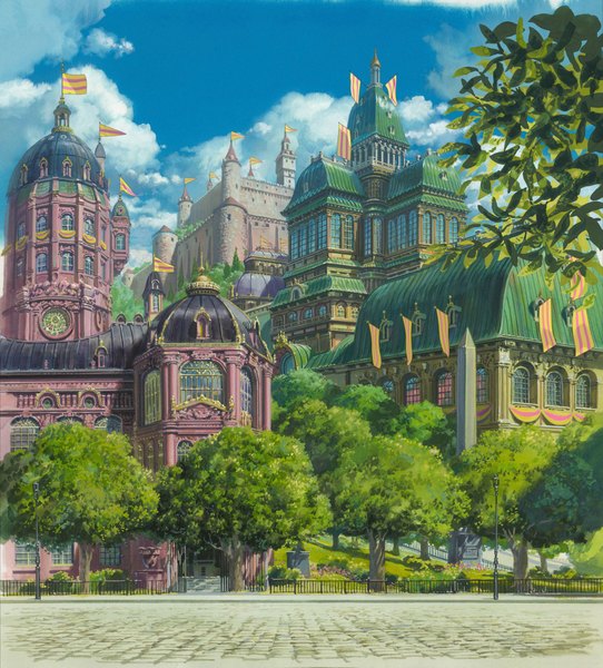 Anime picture 1899x2100 with howl's moving castle studio ghibli tall image highres sky cloud (clouds) official art cityscape no people flower (flowers) plant (plants) tree (trees) window leaf (leaves) building (buildings) grass lantern flag castle lamppost