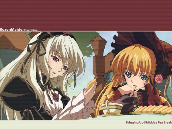 Anime picture 1280x960 with rozen maiden suigintou shinku tamura masafumi long hair fringe open mouth blonde hair hair between eyes red eyes multiple girls upper body white hair long sleeves parted lips aqua eyes copyright name sleeves past wrists head rest girl