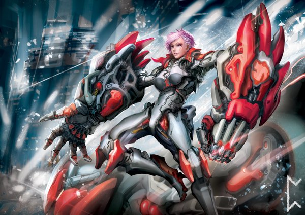 Anime picture 3508x2480 with league of legends vi (league of legends) gevurah-studios (artist) single looking at viewer highres short hair pink hair absurdres pink eyes tattoo mechanical mechanical arms girl weapon earrings huge weapon