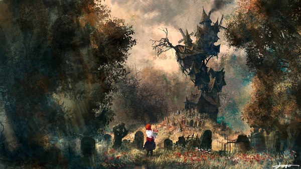 Anime picture 1400x788 with original you shimizu single wide image signed looking away fantasy scenic girl skirt flower (flowers) plant (plants) tree (trees) hood building (buildings) fence cemetery grave