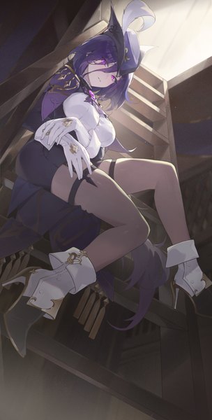 Anime picture 2480x4899 with genshin impact clorinde (genshin impact) gmirror1 single long hair tall image looking at viewer fringe highres purple eyes purple hair full body hair over one eye from below high heels girl gloves hat pantyhose shoes