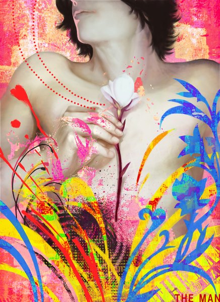 Anime picture 1091x1500 with original k-bose single tall image short hair bare shoulders holding realistic inscription topless dark hair boy flower (flowers) hand