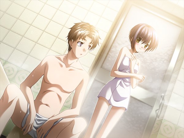 Anime picture 1024x768 with ef a fairy tale of the two shindou kei short hair light erotic black hair purple eyes yellow eyes game cg naked towel girl boy towel