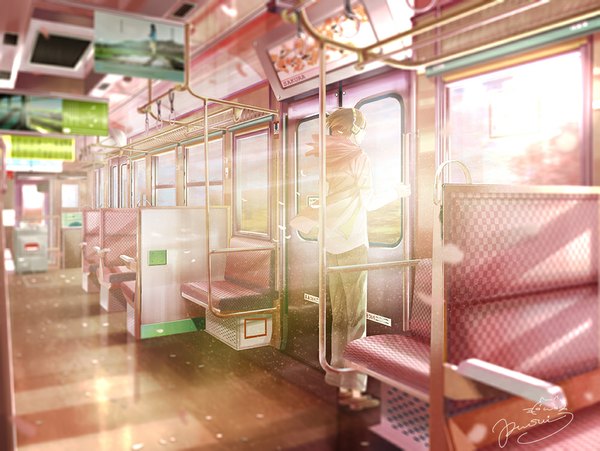 Anime picture 1000x753 with original fusui single short hair brown hair signed looking away sunlight scenic casual train interior boy shirt petals headphones pants