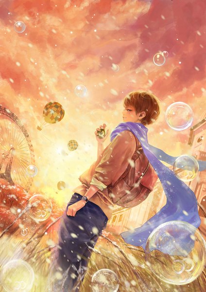 Anime picture 835x1181 with original wallace (artist) single tall image looking at viewer short hair standing holding sky cloud (clouds) outdoors wind from behind boy jacket scarf pants bubble (bubbles) clock backpack