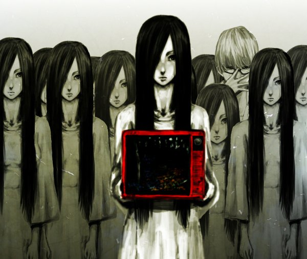 Anime picture 1200x1014 with original 1ji45fun 1toku 45fan long hair fringe short hair black hair multiple girls white hair hair over one eye monochrome 6+ girls multiple persona 10 girls girl dress boy glasses television