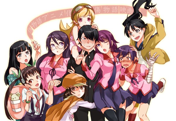 Anime picture 2012x1390 with bakemonogatari shaft (studio) monogatari (series) oshino shinobu senjougahara hitagi hanekawa tsubasa sengoku nadeko araragi koyomi hachikuji mayoi kanbaru suruga araragi karen araragi tsukihi long hair blush fringe highres short hair open mouth blue eyes black hair