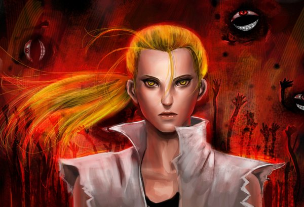 Anime picture 1280x875 with fullmetal alchemist brotherhood van hohenheim lilyzou long hair blonde hair smile yellow eyes ponytail lips realistic torn clothes portrait homunculus boy