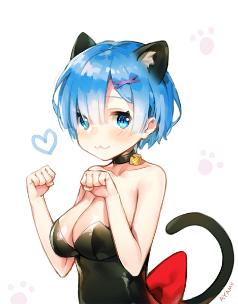 Anime picture 800x1023 with re:zero kara hajimeru isekai seikatsu white fox rem (re:zero) ayami (annahibi) single tall image looking at viewer blush fringe short hair breasts blue eyes light erotic simple background large breasts white background signed animal ears blue hair cleavage