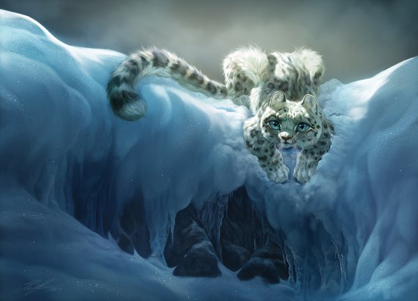 Anime picture 1200x864 with original ailah (artist) looking at viewer blue eyes signed lying snow on stomach animal snow leopard