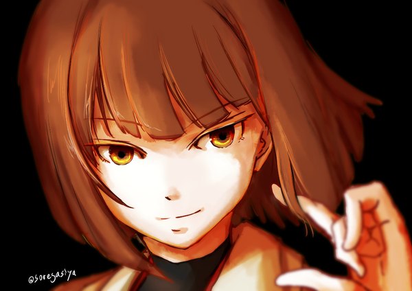 Anime picture 1093x774 with kantai collection hyuuga battleship boushi-ya single fringe short hair simple background brown hair signed yellow eyes looking away adjusting hair black background portrait girl hand