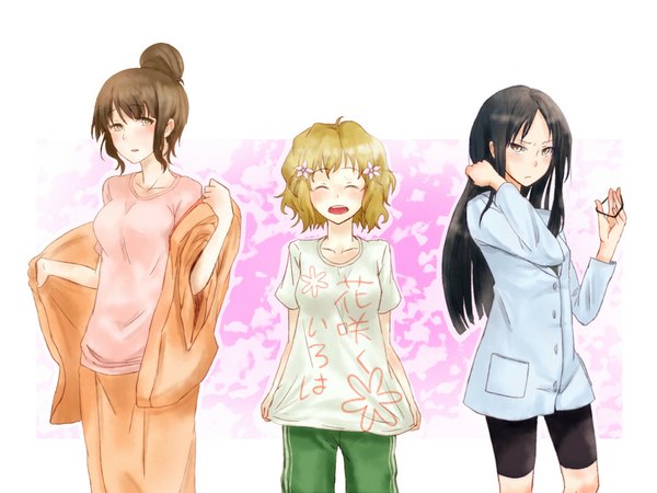 Anime picture 1024x768 with hanasaku iroha p.a. works matsumae ohana oshimizu nako tsurugi minko long hair blush short hair open mouth black hair blonde hair smile brown hair multiple girls brown eyes eyes closed girl hair ornament 3 girls