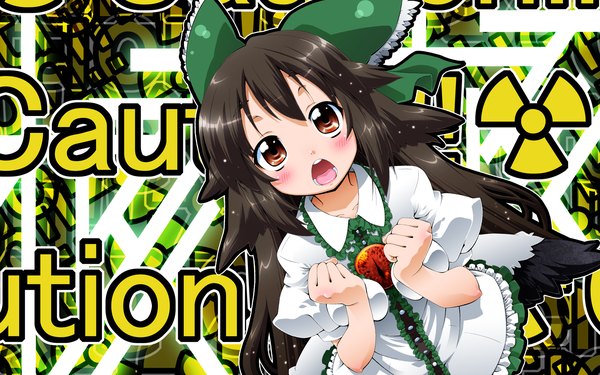 Anime picture 1680x1050 with touhou reiuji utsuho long hair blush black hair wide image brown eyes girl ribbon (ribbons) wings